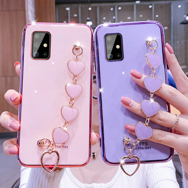 LIFEBELLE Casing for Samsung Galaxy A51 A71 M51 Case + Love Heart Wristband, [Camera Lens Protection] Fashion Shiny Plating Slim Phone Cases Soft TPU Silicone Shockproof Protective Cellphone Casing Cover
