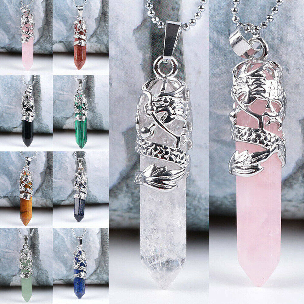 【PrettySet】Fashion Natural Stone Necklace Opal Pendant Shaped Crystal Chinese Dragon Guardian for Gifts Link Chain Women Trendy 5cm S3