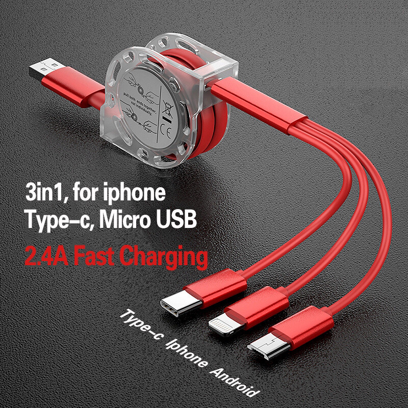 3 trong 1 cáp dây rút Micro USB cáp sạc sạc USB đa năng Cáp USB C Type-C cáp phổ dụng