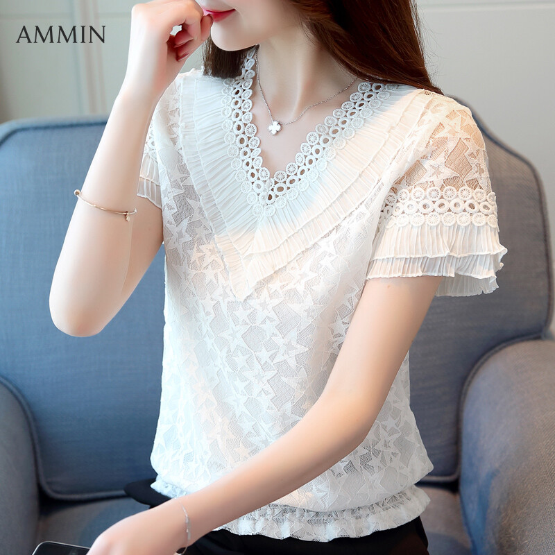 AMMIN Free shipping short-sleeved lace shirt women's tops summer new Korean version of the self-cultivation V-neck temperament chiffon shirt fashion blouse