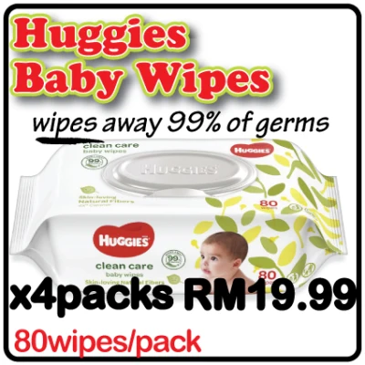 SUPER VALUE PACK ! 4 Packs - Wet Tissue HUGGIES Clean Care Baby Wipes 80's - Clear 99% Germs | Skin Loving | Natural Fibers | Fragrance , Alcohol , Paraben Free | Clinical tested | 4x Cleaner