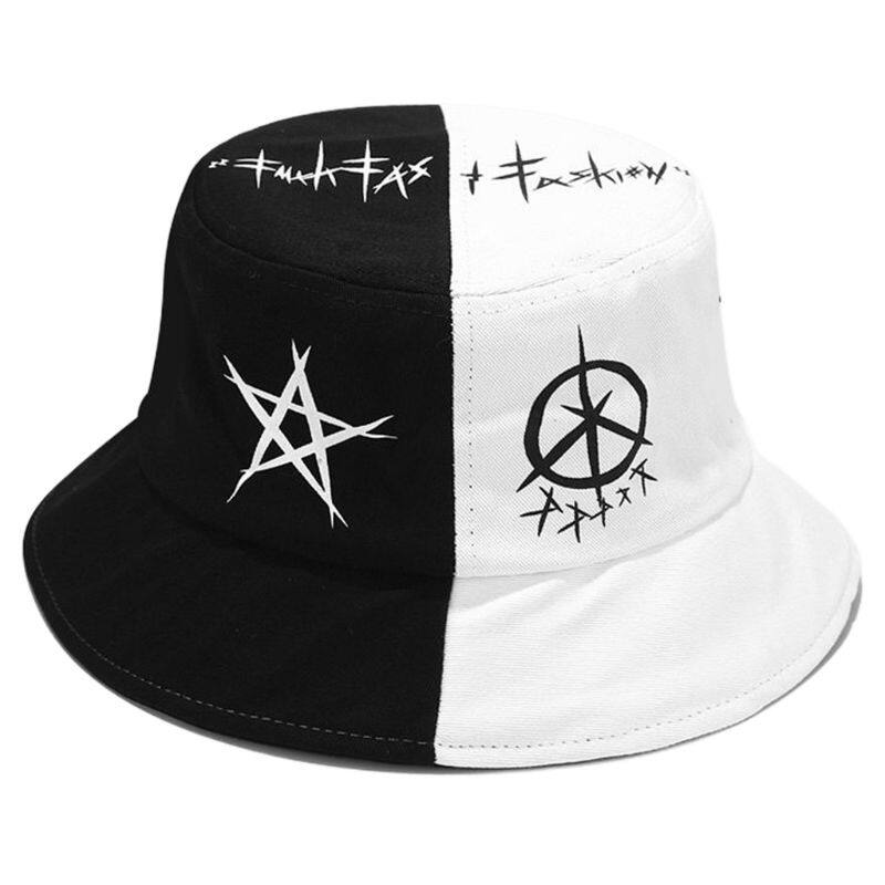 Unisex Summer Black White Color Block Bucket Hat Star Eye Graffiti Printed Patchwork Harajuku Hip Hop Fisherman Cap
