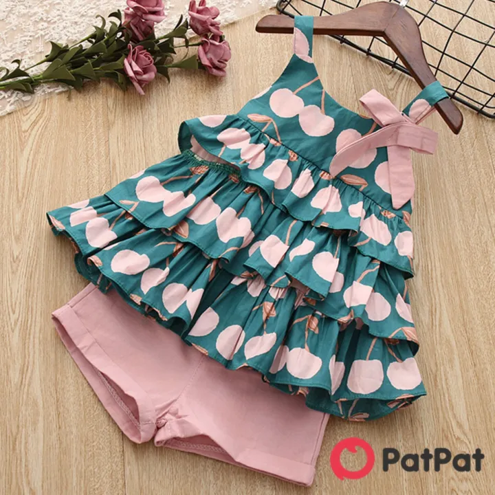 Patpat Cherry Cetak Tingkat Strap Gaun Dan Pendek Solid Pakaian Untuk
Gadis Z