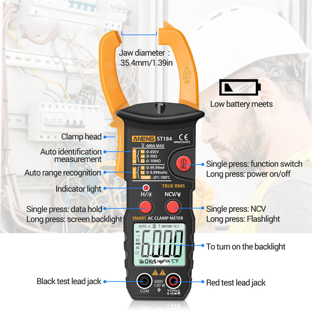 ST184 Digital Clamp Meter Multimeter True RMS AC/DC Voltage Current Tester