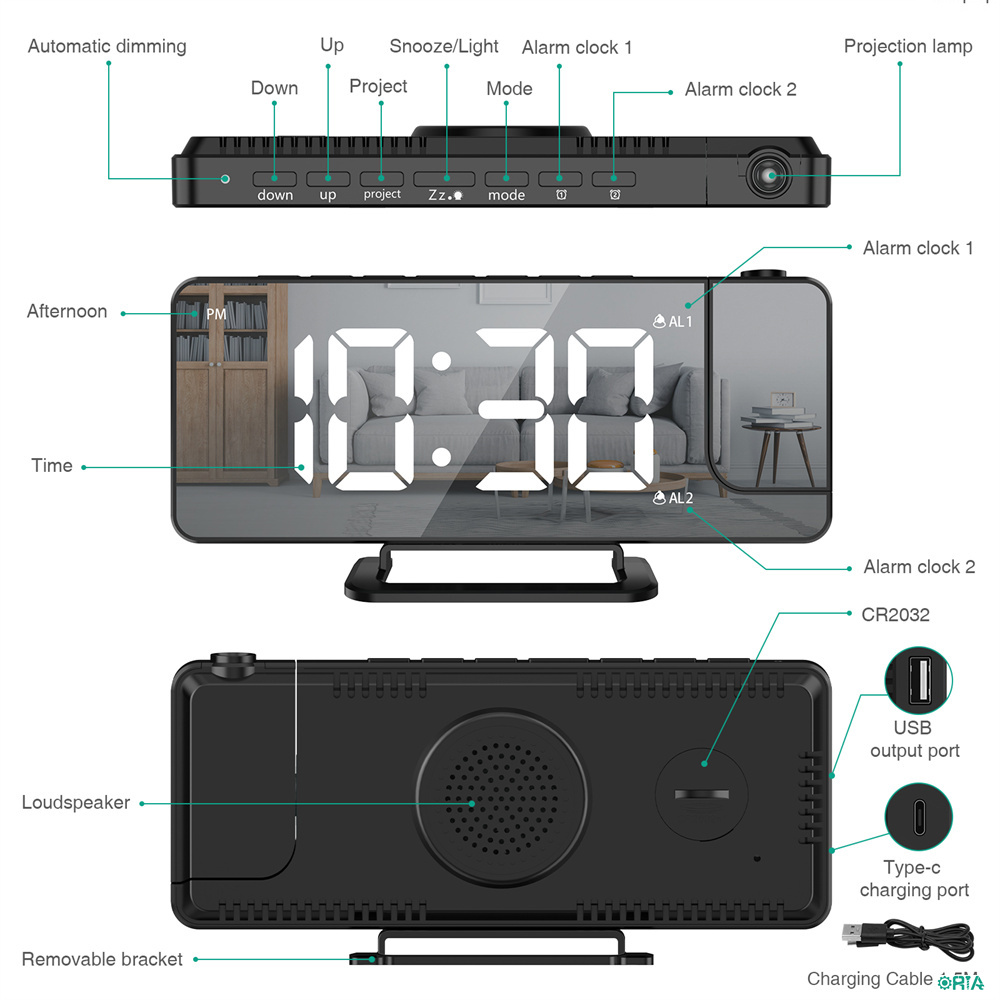 【Upgraded】ORIA Projection Alarm Clock for Bedroom Dual Digital Clock Adjustable Brightness 7.5" Large Screen 12/24H Format Desk Clock with 180° Projector Snooze Function for Office Home Elders Senior