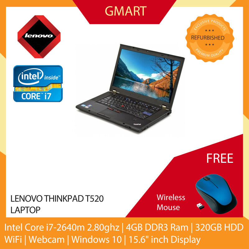 Lenovo Thinkpad T520 Laptop / 15.6 inch LCD / Intel Core i7-2640M / 4GB DDR3 Ram / 320GB HDD / WiFi / Windows 10 Pro / Webcam Malaysia