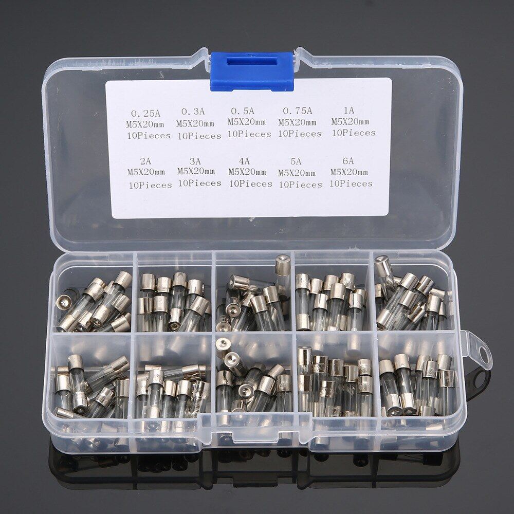 100 PCS 0.25A - 6A Glass Tube Fuses Set 5 * 20mm Assorted Quick Blow Glass Tube Fuse Set 0.25 0.3 0.5 0.75 1 2 3 4 5 6A