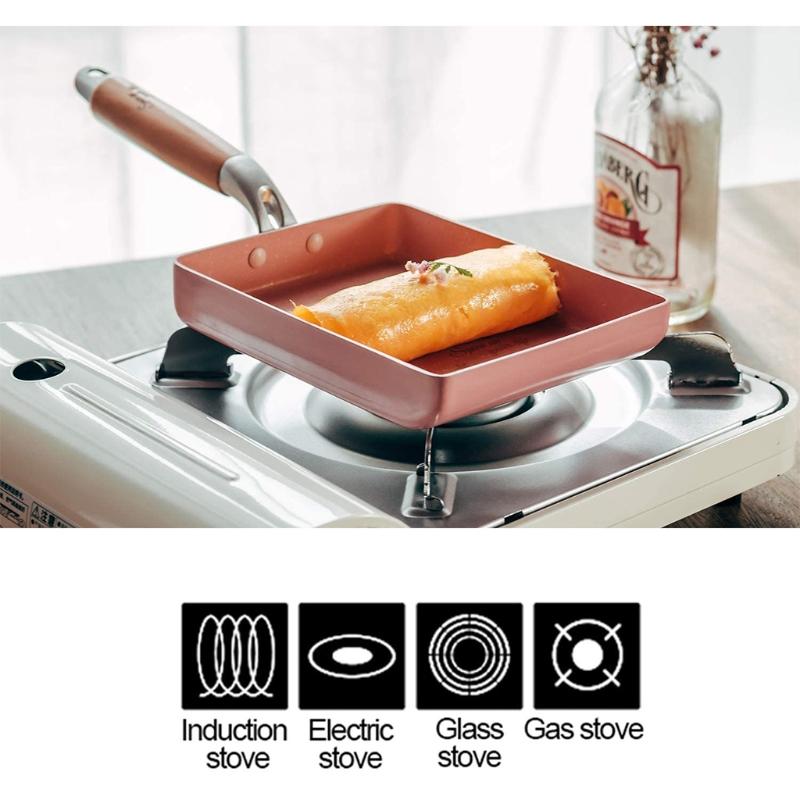 Chảo tráng trứng Tamagoyaki không dính hình chữ nhật có chất liệu đá Maifan, tích hợp tay cầm chống bỏng, dùng được với bếp gas và bếp điện - INTL