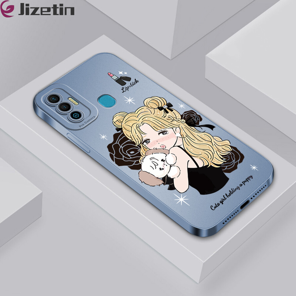 Jizetin Phone Casing For Tecno Spark 7 Spark 7T KF6P Cartoon Beautiful Girl Cute Puppy Design Phone Casing Full Cameras Cover Soft Silicone TPU Protective Shockproof Case