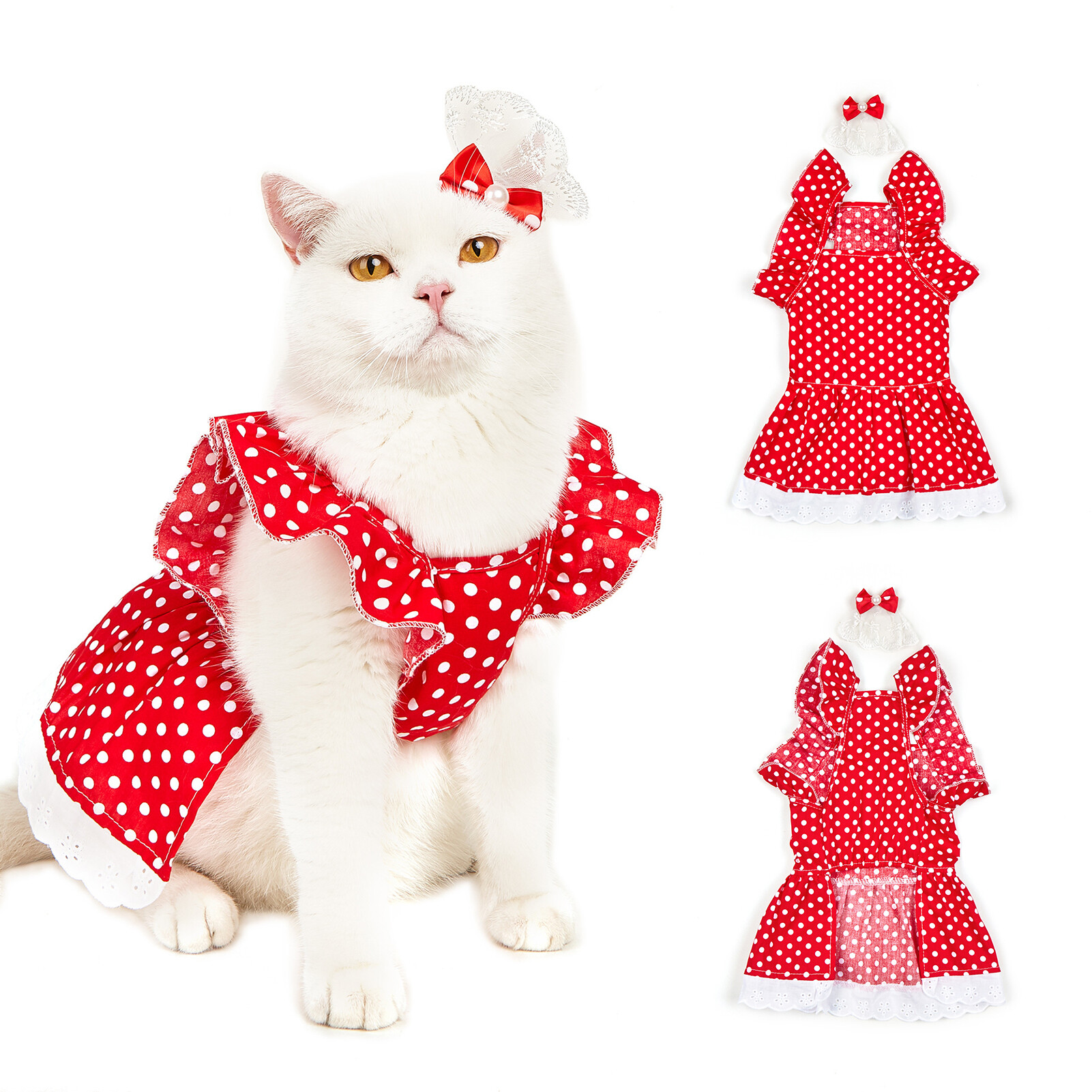 DADAGOU Pet Dress Flying Sleeve Polka Dots Printing Headgear Summer Kitty Clothes Dog Outfits for Home Wear Stylish Pet Skirt