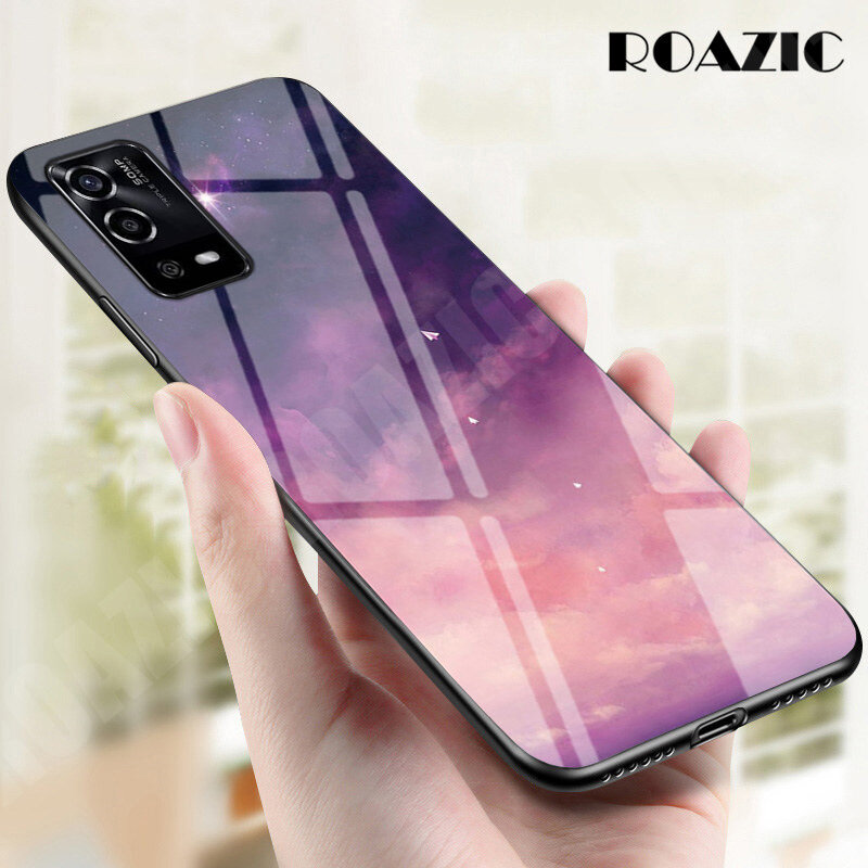 ROAZIC For OPPO A55 Phone Case Gradient Starry Luxury Slim Tempered Glass Casing Soft Silicone Edge Shockproof Cover