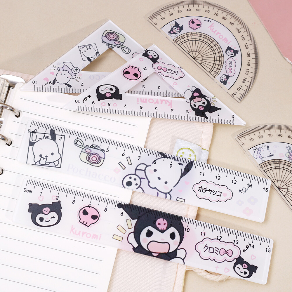 4pcs/set SANRIO Student Ruler Set 15cm Ruler Triangular Compass Measuring Kit for Students School Use