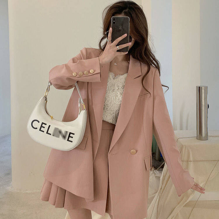 Vivi 2022 College Style Small Fragrance Pink Suit Skirt Fashion Two-piece Set Ladies Blazer Coat Pleated Skirt Suit Ladies Casual Outfits