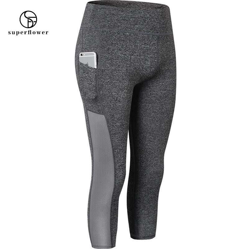 SUPERFLOWER 3/4 Yoga Pants with Pockets Running Slim Energy Sports Pants Women's High Waist Gym Fiess Leggings European_voghion.com