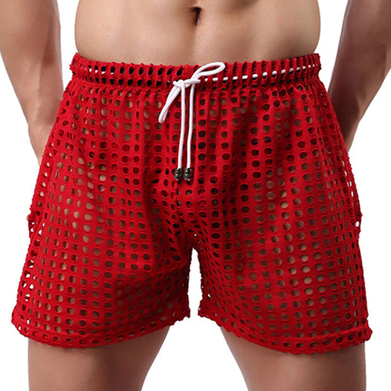 Happybuyner Men Fishnet Casual Shorts Solid Color Mesh Drawstring Loose Lounge Shorts Swim Shorts