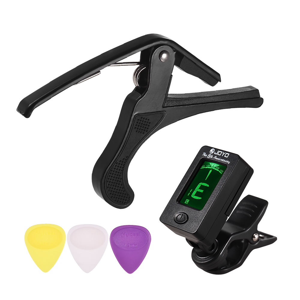 Guitar Accessory Set for Beginners with Clip-on LCD Digital Guitar Tuner Lightweight Guitar Capo 3PCS Guitar Picks Instrument Tool Kit