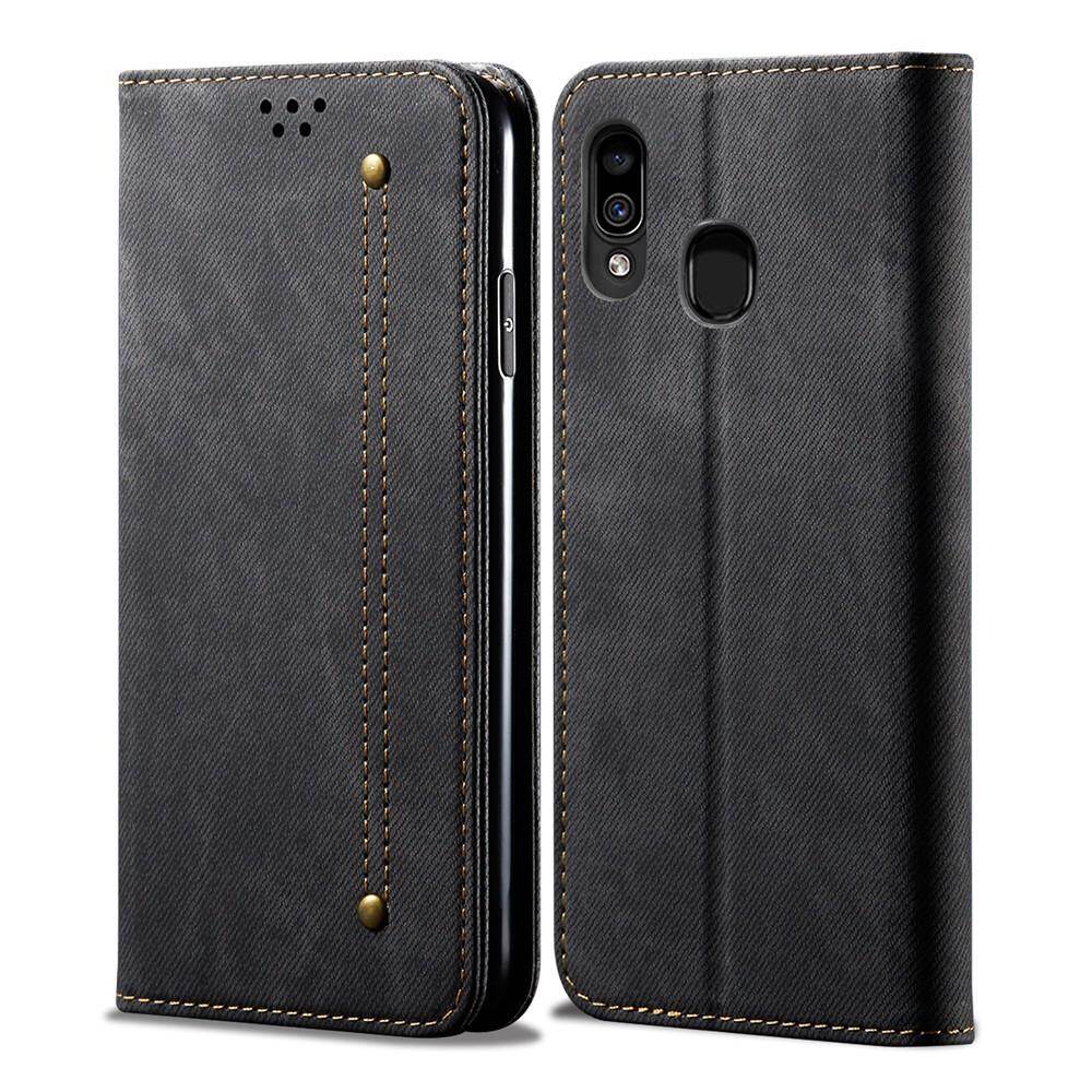 For Samsung Galaxy A20 A30 Fashion Retro Jeans Style Magnet Flip Leather Protective Case with Stand Card Slots Casing