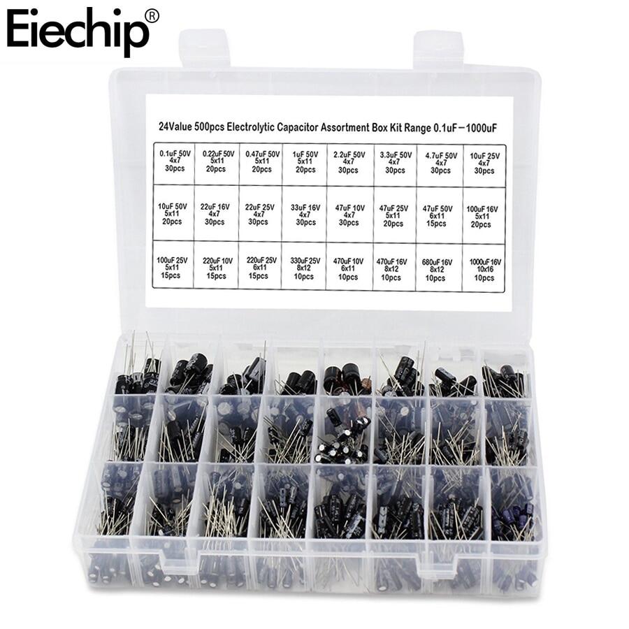 500 pcs aluminum electrolytic capacitors diy 24 values 16-50v 0.1uf-1000uf mix electrolytic capacitor assorted kit set with box