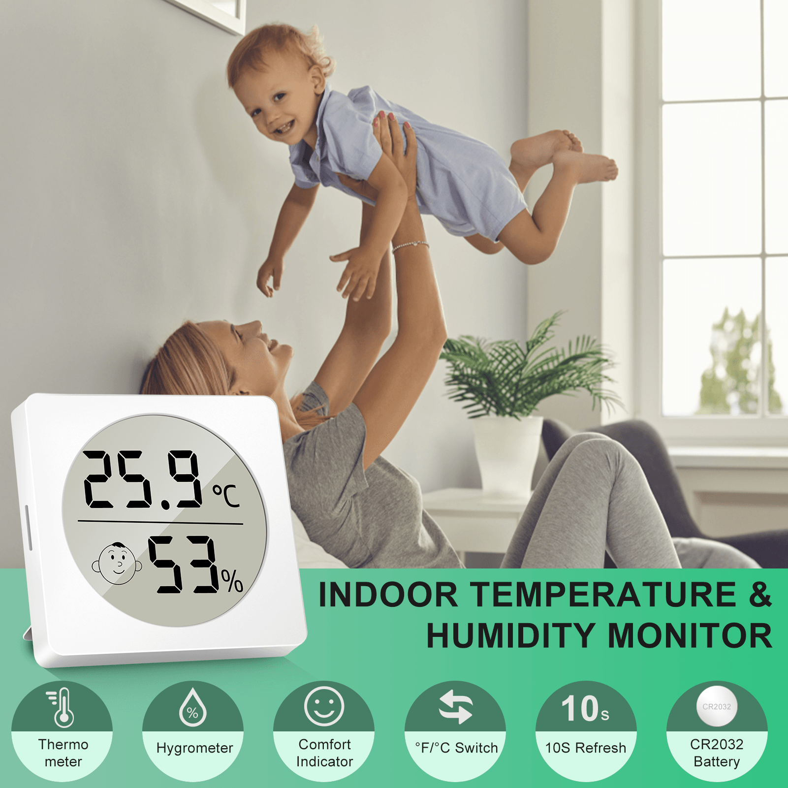 LCD Kỹ Thuật Số Nhiệt Kế Đo Độ Ẩm Trong Nhà Phòng Thuận Tiện Cảm Biến Nhiệt Độ Độ Ẩm Meter Smiley Bracket Hook Khe Cắm