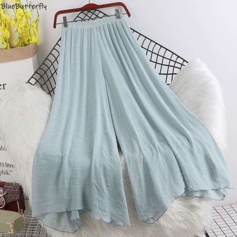 Quần Vải Lanh Và Cotton Mỏng Eo Co Giãn Phong Cách Retro Mùa Xuân Và Mùa Hè Mới Quần Váy Vải Lanh Xòe Lớn Dễ Phối Màu Thuần Khiết Cho Nữ