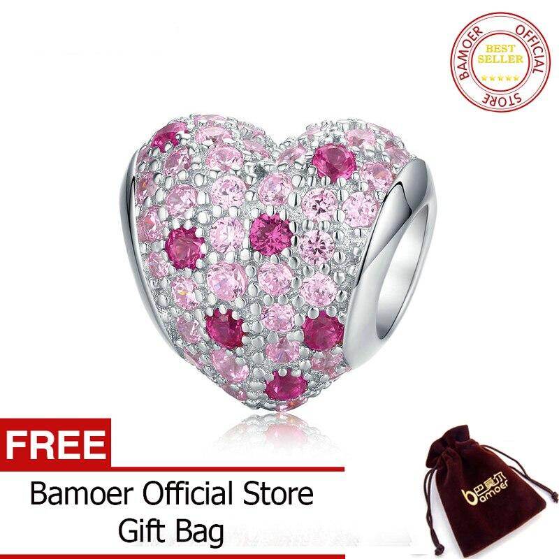 BAMOER 925 Sterling Silver Pink CZ Heart Charm for Original Silver Snake Bracelets Women Romantic Jewelry Accessories BSC118