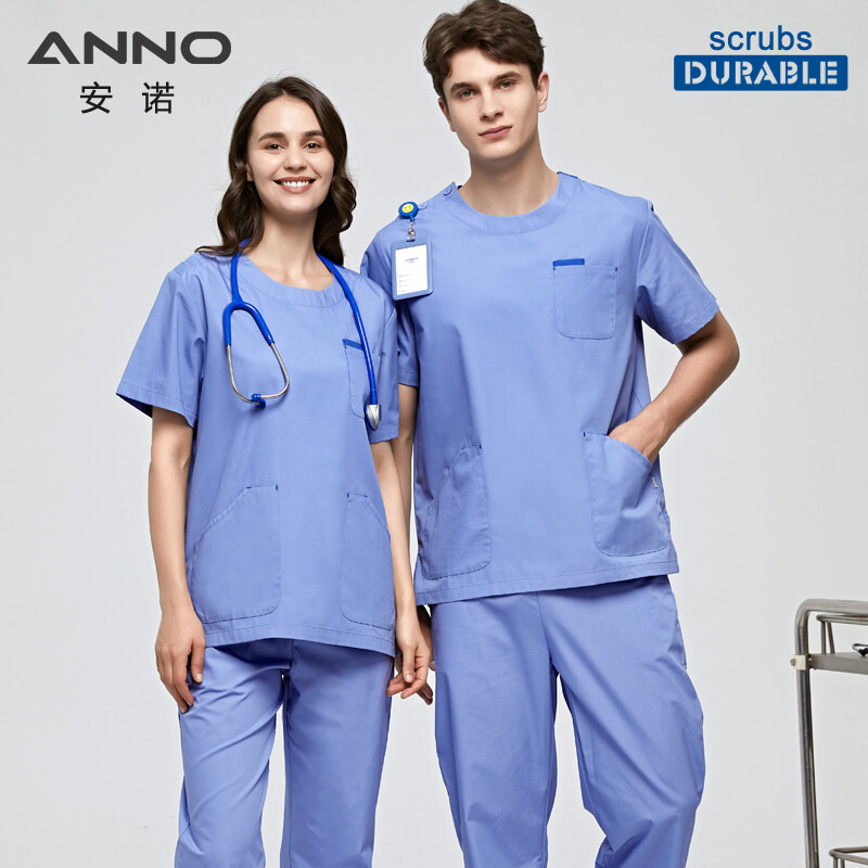 ANNO Blue Nurse Medical Uniform Women Men Scrubs Suit Round Neck