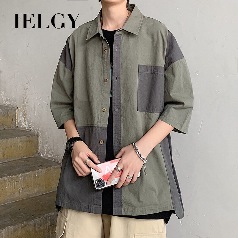 IELGY Stitching five-point sleeve shirt men's loose and versatile half sleeve shirt