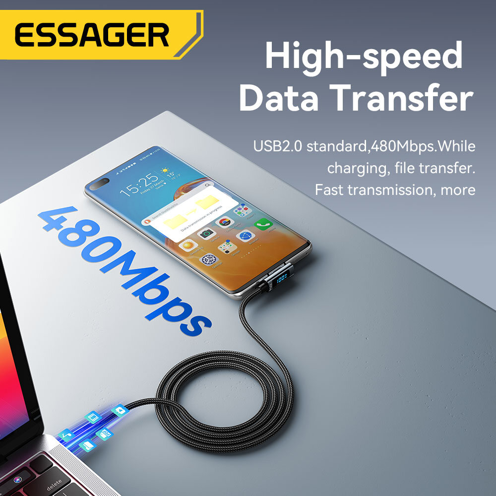 Essager Pd 100W Loại C Để Loại C Cáp Khuỷu Tay Màn hình hiển thị kỹ thuật số USB2.0 USBC Nhanh Chóng Sạc Điện Thoại Di Động Dữ Liệu Dây Cho Máy Tính Xách Tay Xiaomi cá mập đen điện thoại di động