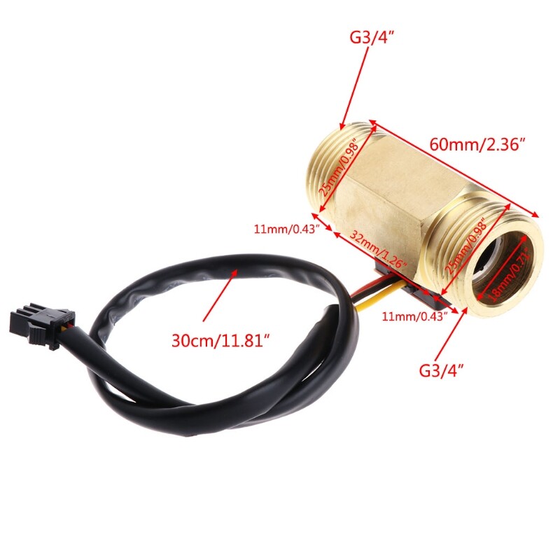 Water Flow Sensor G3/4" Hall Flowmeter Switch DN20 1-30L/min Liquid Flow Meter