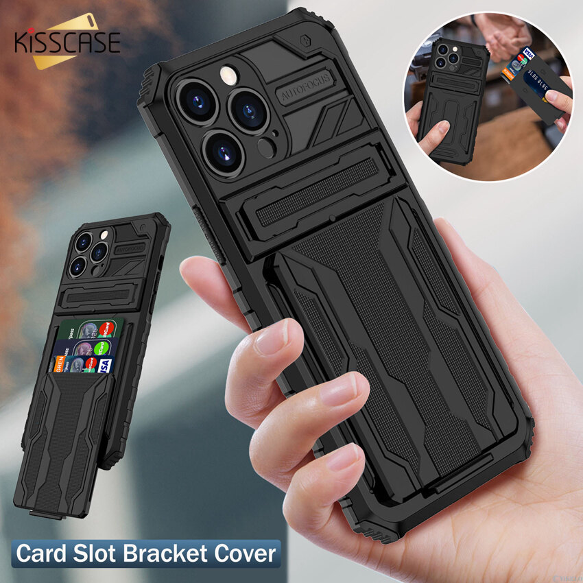 KISSCASE Armor Card Slot Bracket Case For iPhone 15 Pro Max 14 Plus 13 12 11 Hybrid Shockproof Phone Case Stand Holder Silicone Back Cover