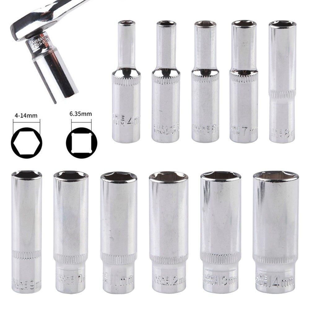 1/4 Inch 4-14Mm Cờ Lê Ổ Lục Giác Đầu Dụng Cụ Bánh Cóc Măng Sông Sâu Bộ Chuyển Đổi Ổ Cắm