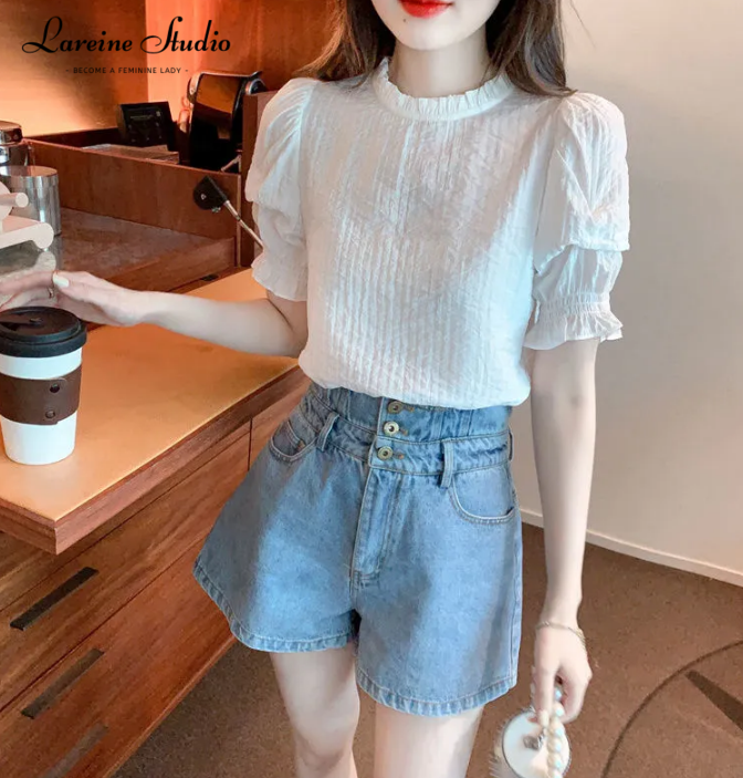 Lareine Áo Thun Cổ Tròn Tay áo bong bóng phong cách thường ngày Hàn Quốc Áo cánh nữ áo tay lửng xếp li Áo khoác Blouse Màu trơn