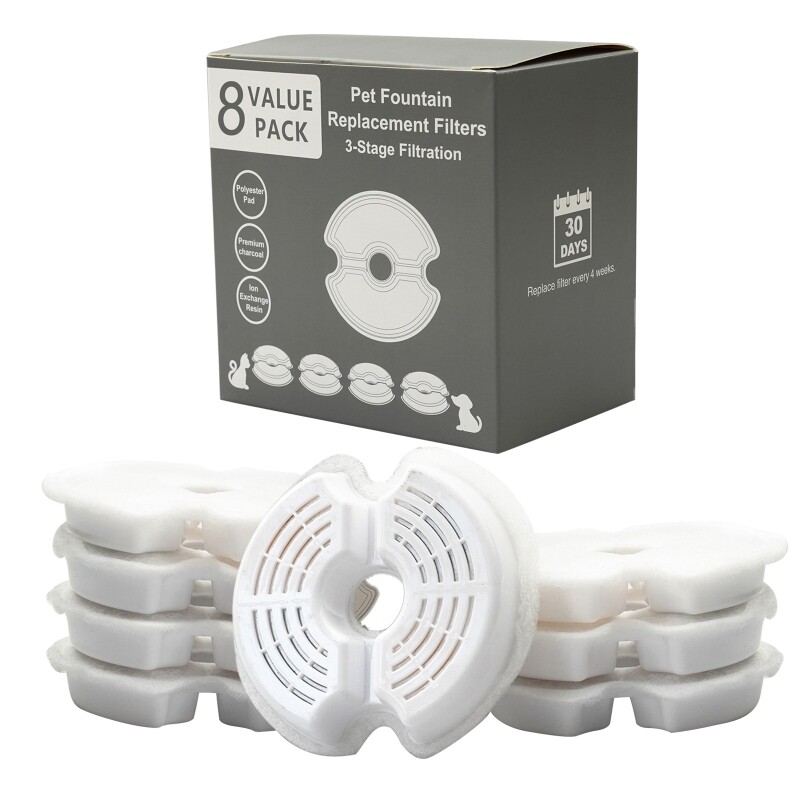 8 Pack Pet Water Fountain lacement Filters Carbon Filter for Dog Cat Water Drinking Dispenser 3 Steps Filtration