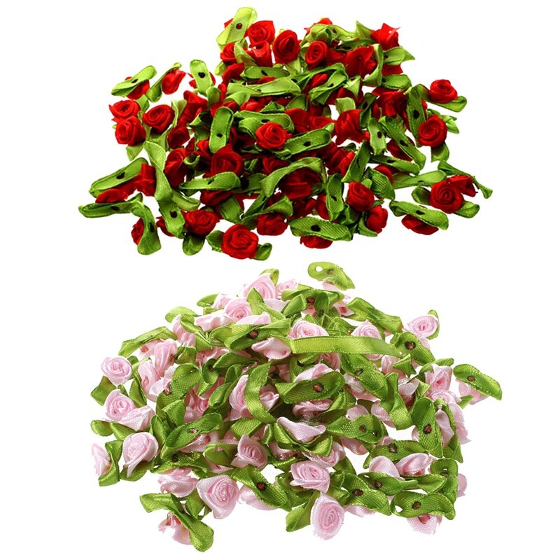 200pcs mini Satin Ribbon Flowers with leaf Appliques pink
