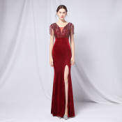 One-Shoulder Velvet Sequin Evening Dress - Women's Party Gown