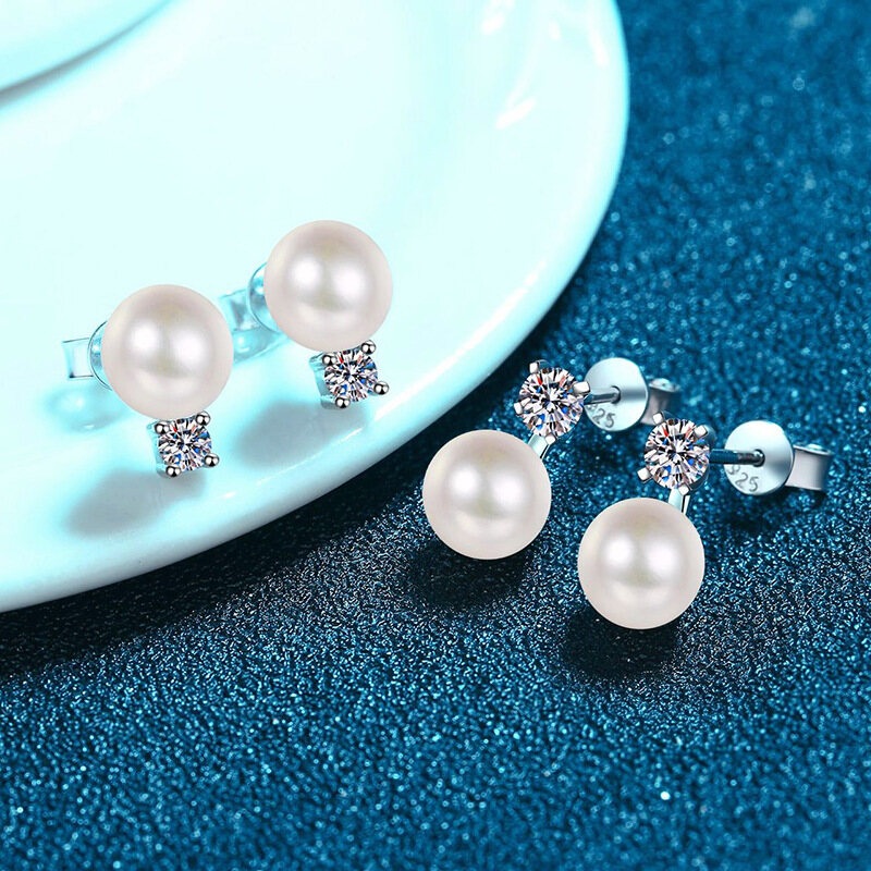Bestone S925 Sterling Silver Earrings Moissanite Earrings for Women Natural Pearl Earrings