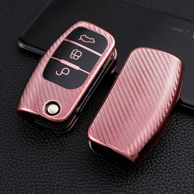 Carbon Fiber TPU Flip Car Key Fob Cover Case Holder Shell Keychain for Ford Fiesta Focus 2 Ecosport Kuga Escape Falcon B C Max Ecosport Galaxy