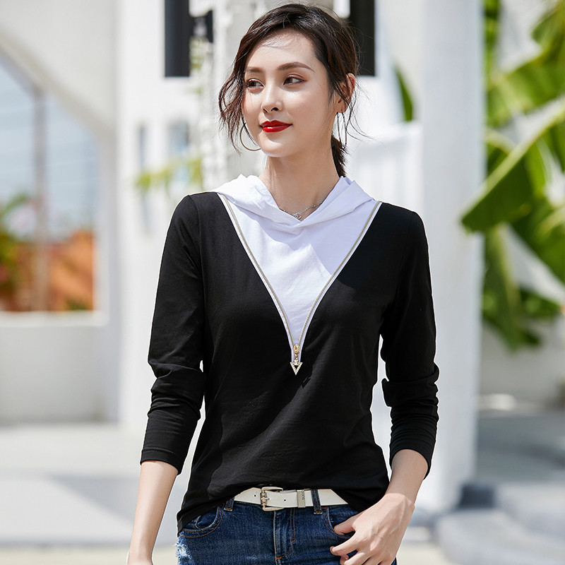 2021 Autumn Black Hooded Long Sleeve T-Shirts for Women Cotton Soft Korean Style Fashion Ladies Clothes Casual Sports Hoodie Solid Color Zipper Slim Fake Two-piece Tops