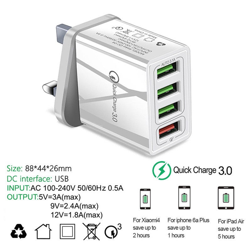 QC3.0 Charger 3.1A Fast Charging Adapter 4 Port USB Quick Charge Plug_voghion.com