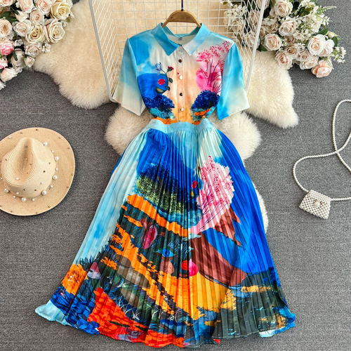 Gorgeous and Elegant Summer Luxury and Light Luxury Temperament Short Sleeve Polo Neck Slim Fit Mid Length A-line Pleated Shirt Dress for Women