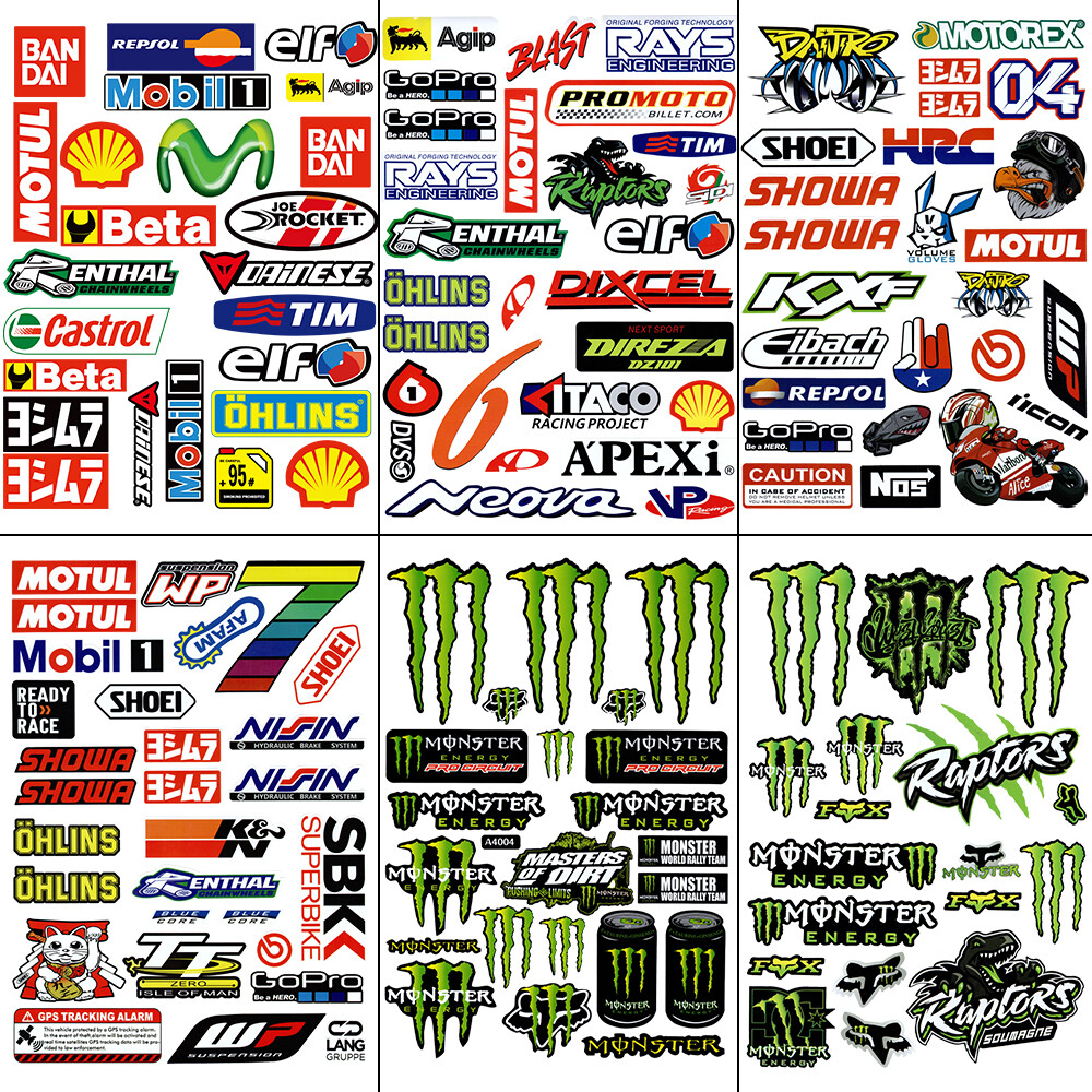 6 Set A4 Size Fox Head Dinosaur Monster Energy Glossy Film Stickers For Motorcycle BIKE CAR UNIT SCOOTER FUNNY DECALS Waterproof PVC Whole Set STICKERS