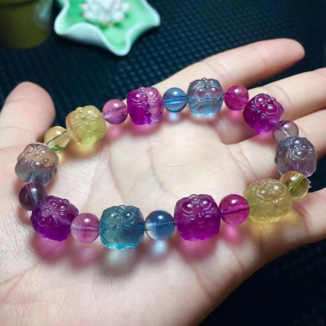 Natural fluorite bracelet Lotus beads pinkycolor Rainbow color Crystal Bracelets Gorgeous dazzling
