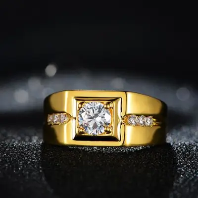 Bounabay New Jewellery Adjustable Rhinestone Wedding Party Ring Golden Men's Ring Men Fashion Ring Cubic Yellow Gold Color Wedding Engagement Ring