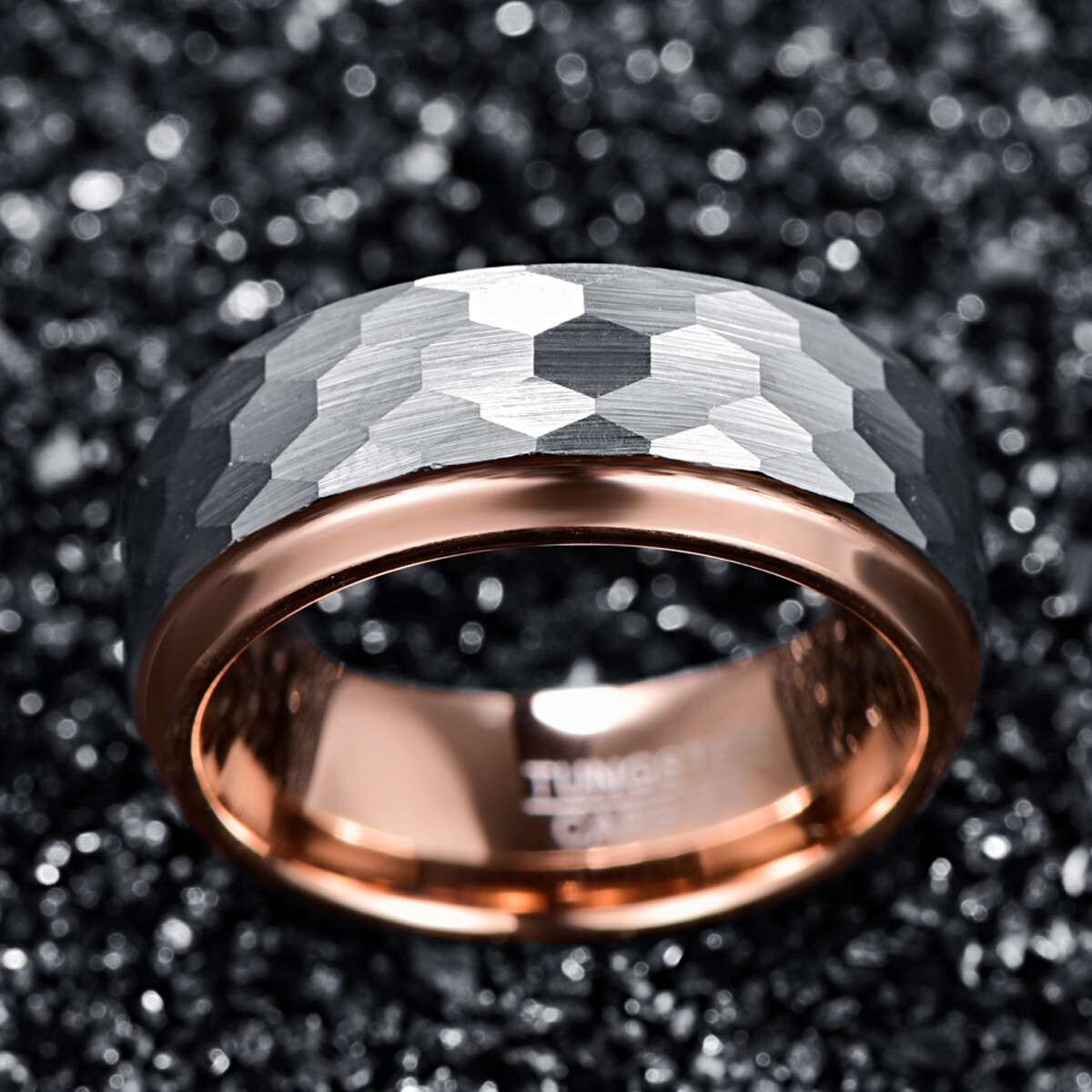 8mm Tungsten Carbide Ring Side Step Rose Gold Plating Surface Hammered Tungsten Steel Ring