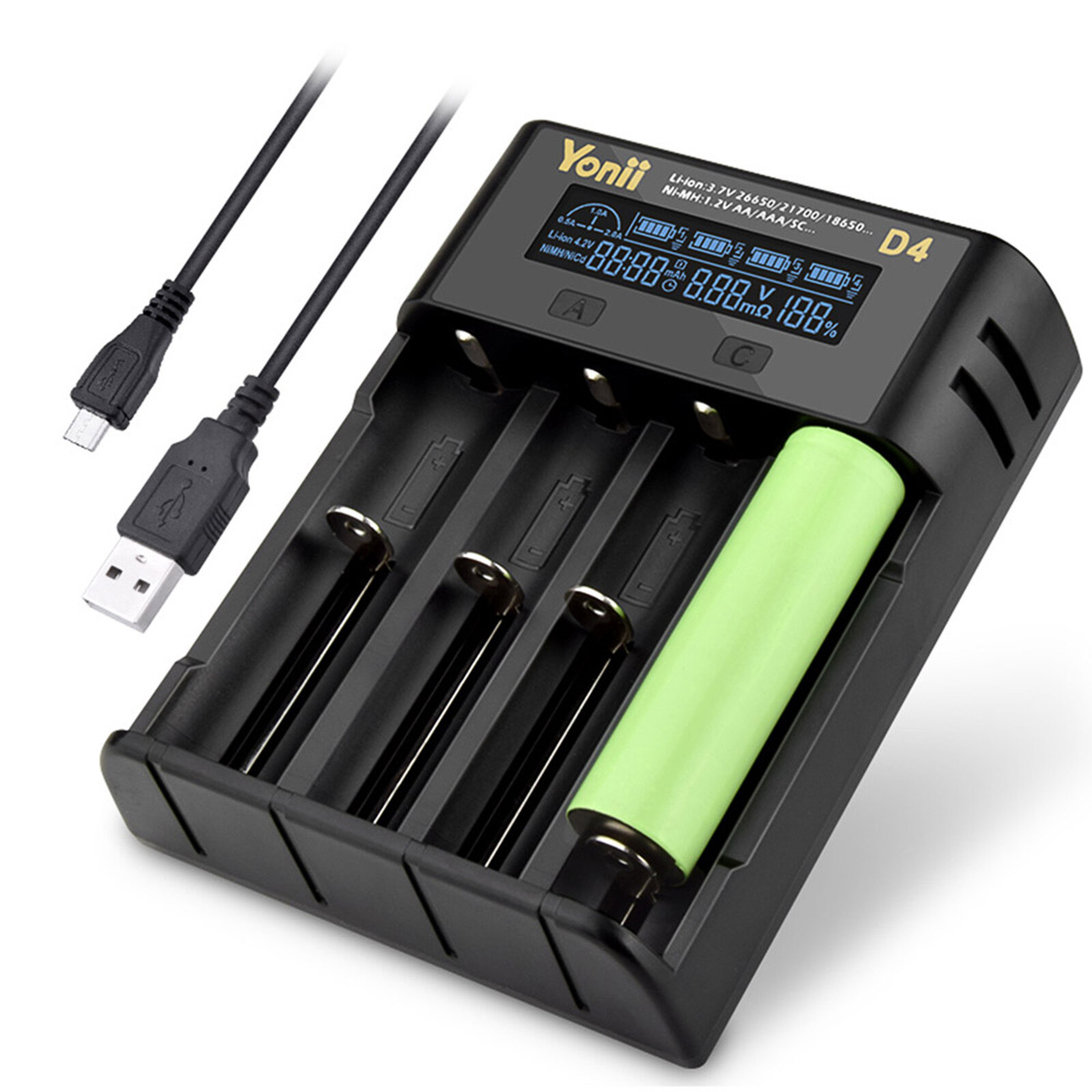 Yonii d4 lcd 18650 charger 4 slot for 18650 21700 26650 lithium aa aaa nimh docooler