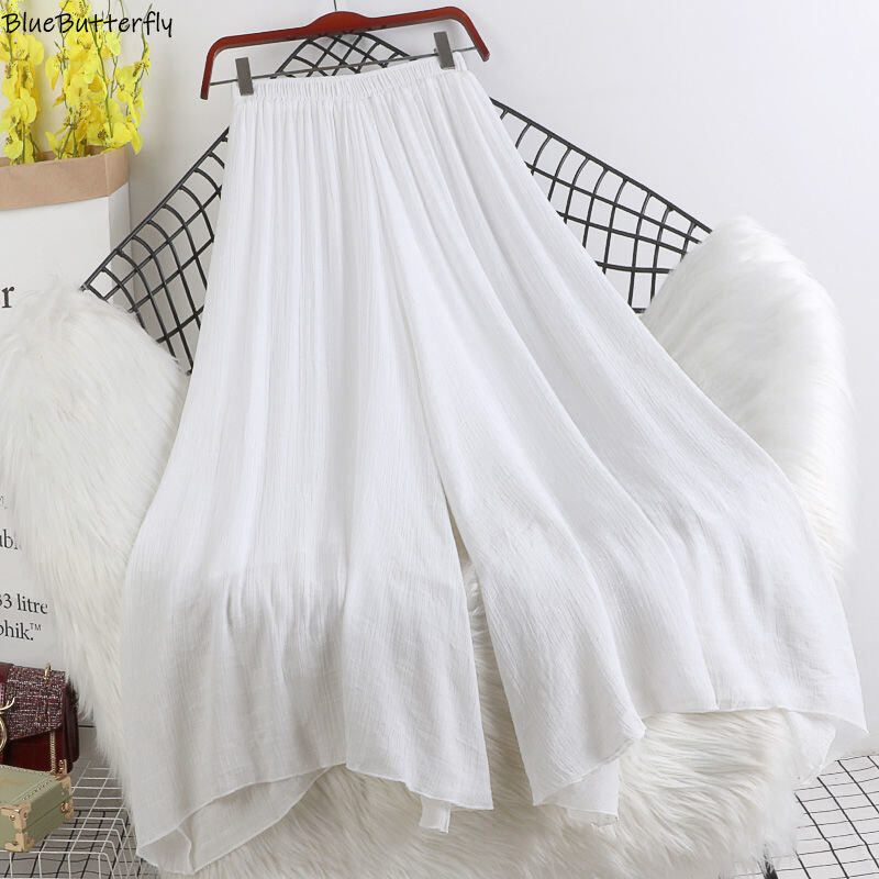 Quần Vải Lanh Và Cotton Mỏng Eo Co Giãn Phong Cách Retro Mùa Xuân Và Mùa Hè Mới Quần Váy Vải Lanh Xòe Lớn Dễ Phối Màu Thuần Khiết Cho Nữ