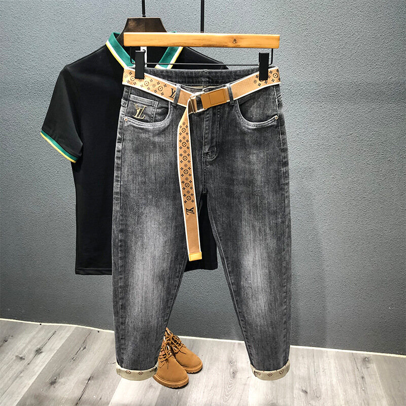Thin black grey jeans men's fashion brand embroidered jeans micro Harlan Leggings trend Korean Capris