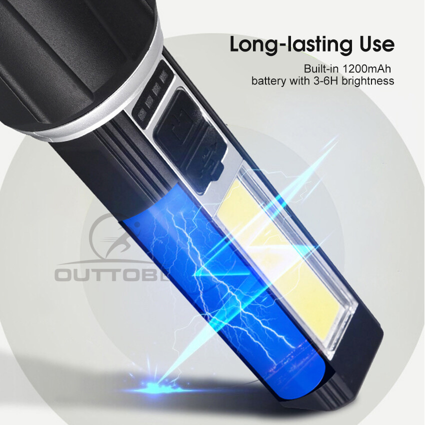 Outtobe Flashlight T6 Multifunctional Flashlight Super Bright LED Mini Portable Zoom Flashlight Strong Light COB Light Waterproof Outdoor Flashlight Four Modes Long Illumination Outdoor Fishing Camping Repairing