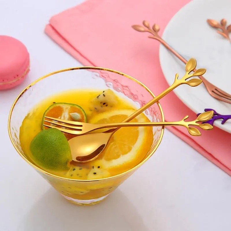 Lá thép không gỉ Bộ muỗng nĩa trái cây tráng miệng muỗng pha cà phê Phụ Kiện Bộ đồ ăn nhà bếp