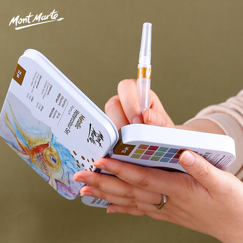 MontMarte Bộ Sơn Màu Nước Rắn Ánh Kim Ngọc Trai 16/18/36 Màu, Với Bút Lông Nước Bột Màu Nước Lấp Lánh Neon Cơ Bản Để Vẽ Tranh Nghệ Thuật